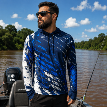 Camisa de Pesca Blue Rush com Capuz e Proteção UV50+