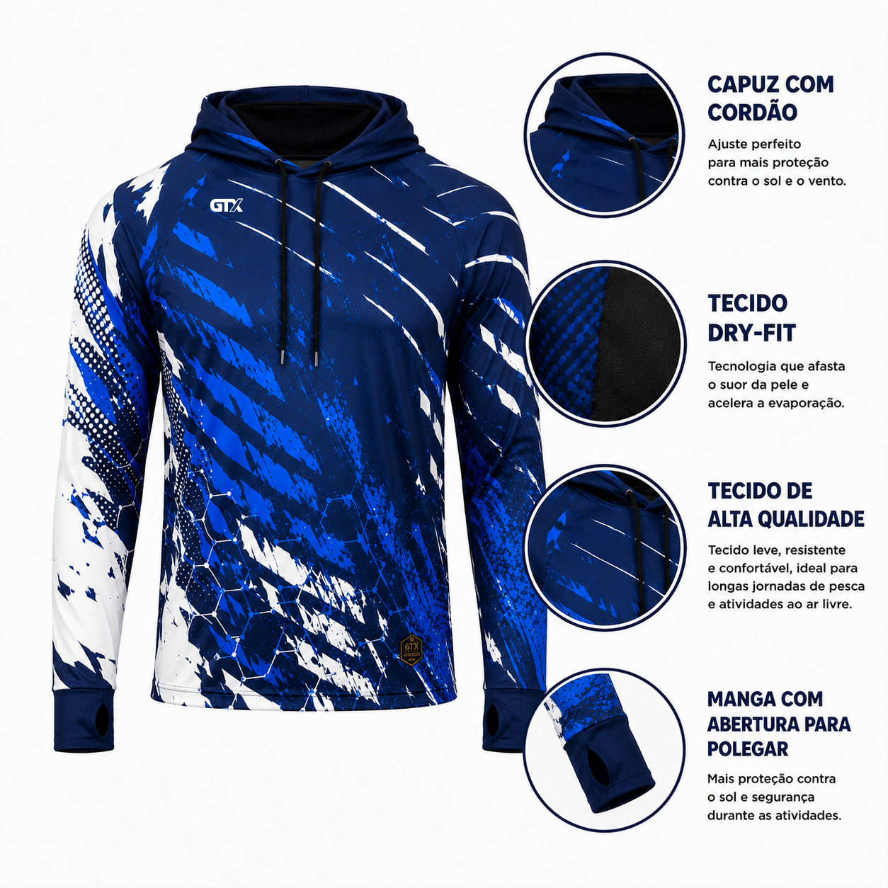 Camisa de Pesca Blue Rush com Capuz e Proteção UV50+