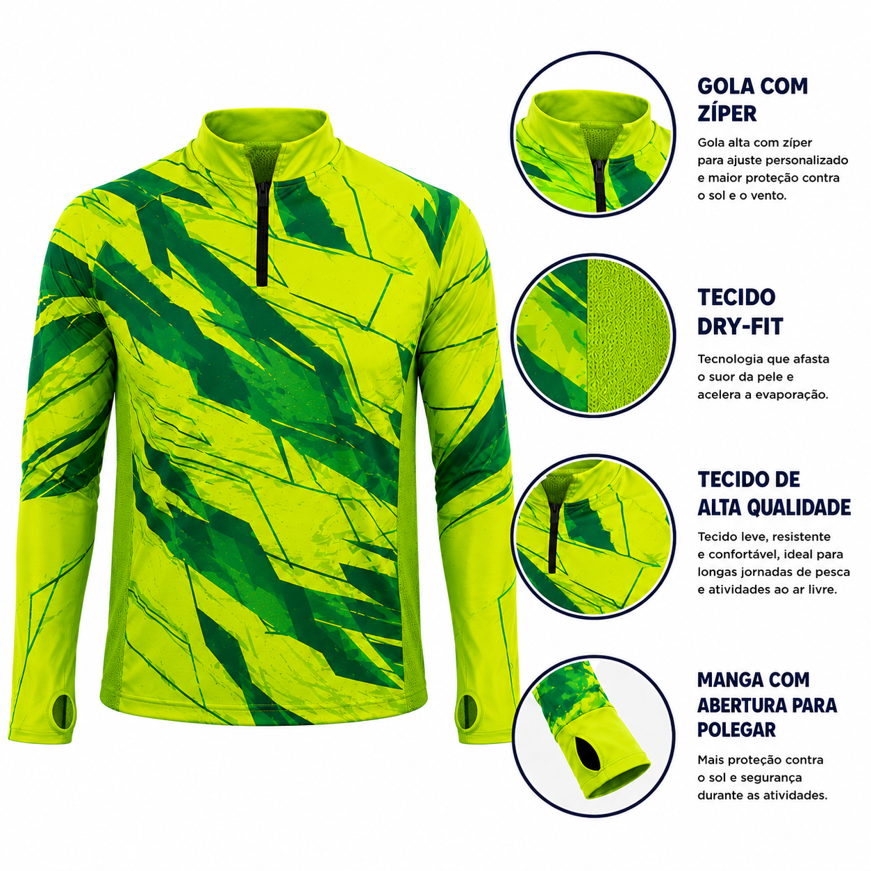 Camisa de Pesca Lime Storm com Zíper e Proteção UV50+