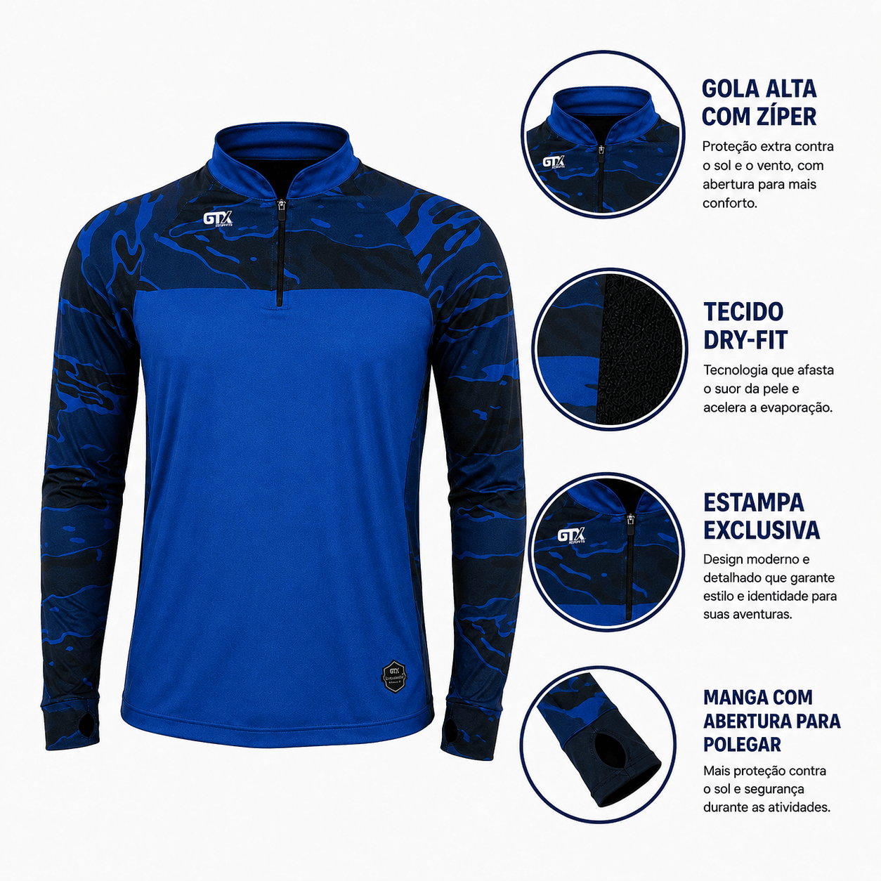 Camisa Agro Blue Nation com Zíper e Proteção UV50+ - GTX Print