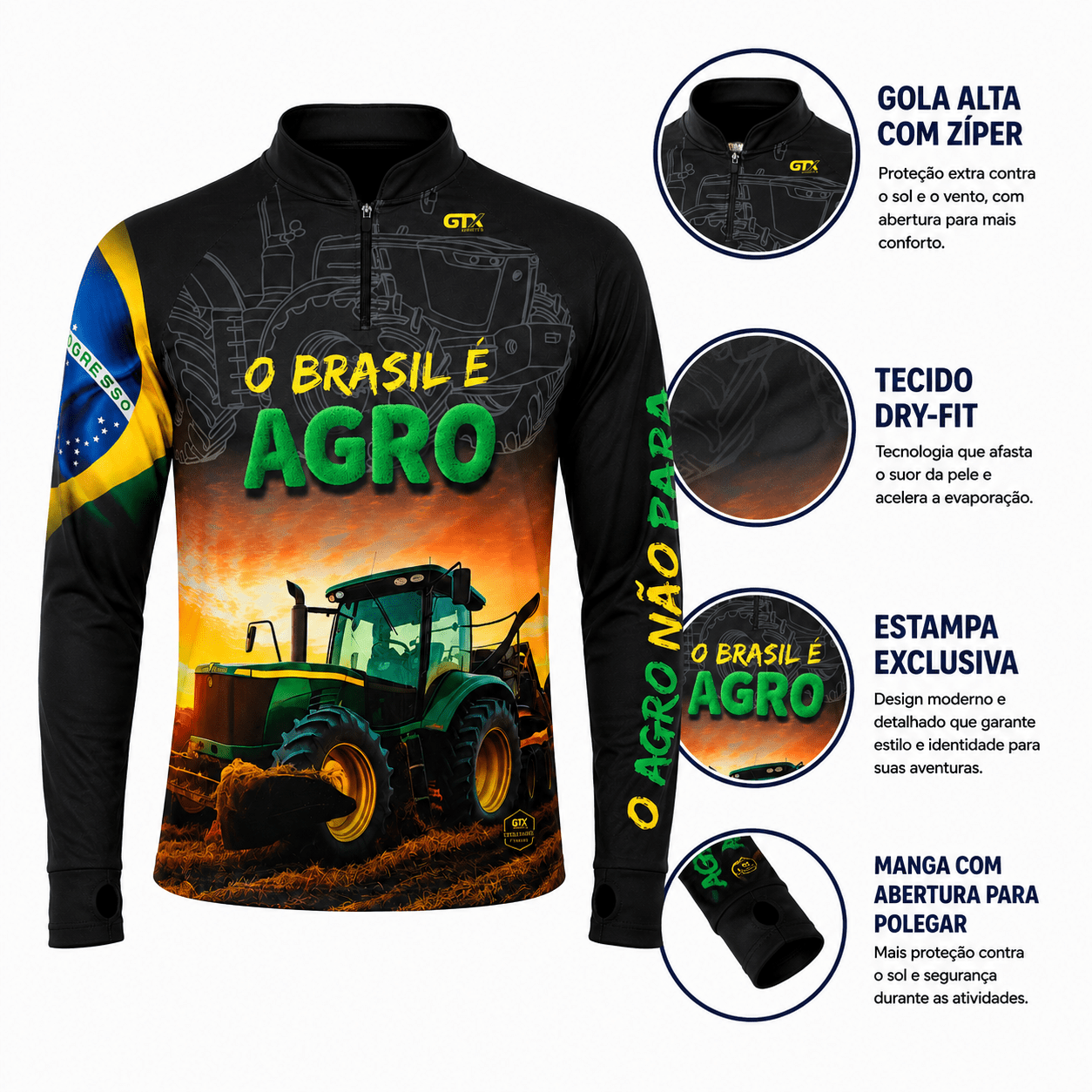 Camisa Agro Masculina O Brasil é Agro com Zíper e Proteção UV50+ - GTX Print