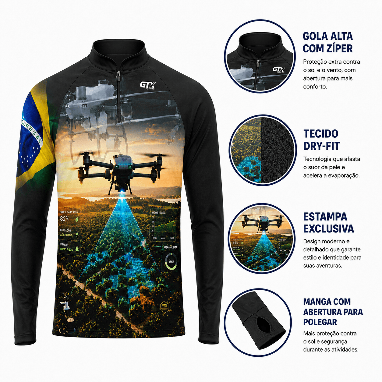 Camisa Agro Masculina Precision Drone com Zíper e Proteção UV50+ - GTX Print