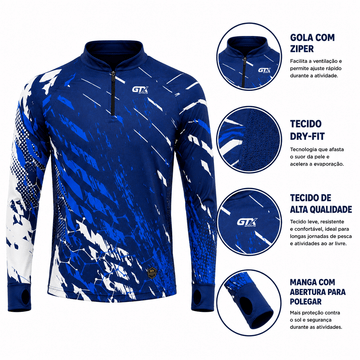 Camisa de Pesca Blue Torrent com Zíper e Proteção UV50+ - GTX Print
