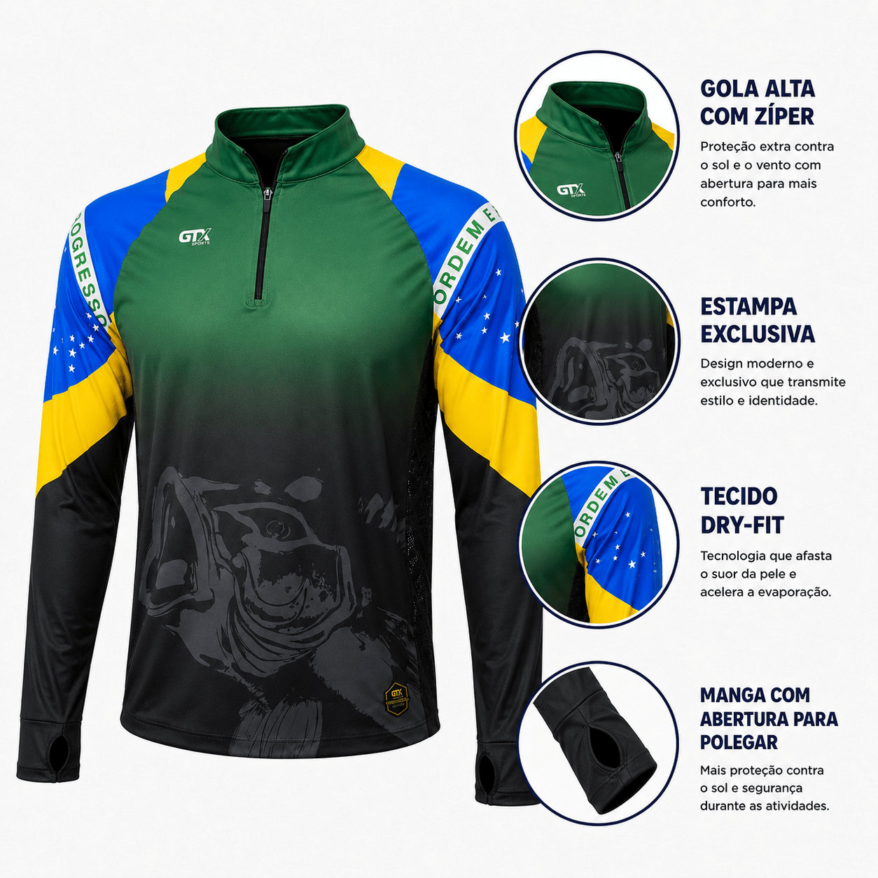 Camisa de Pesca Brasil Legacy com Zíper e Proteção UV50+ - GTX Print