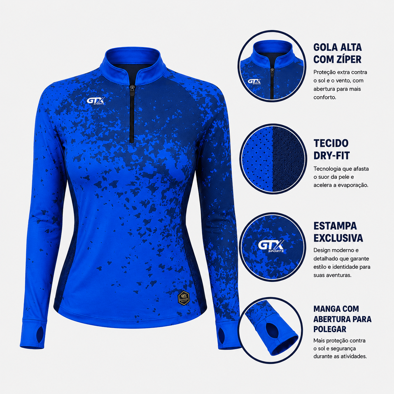 Camisa de Pesca Feminina Blue Splash com Zíper e Proteção UV50+ - GTX Print