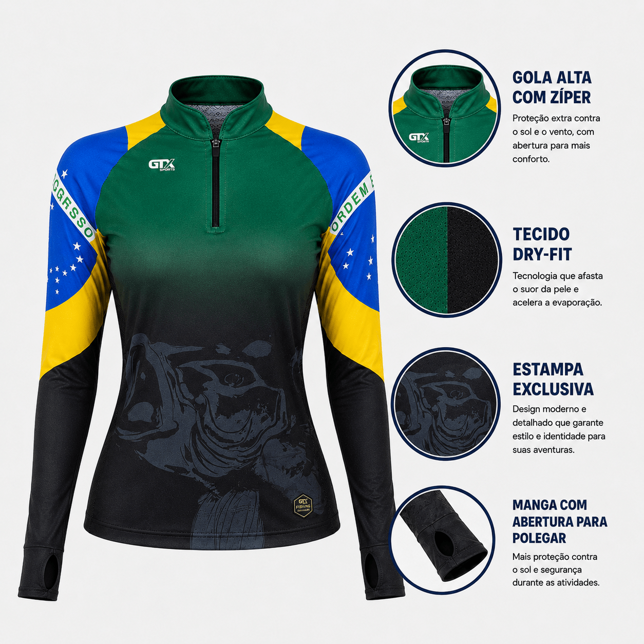 Camisa de Pesca Feminina Brasil Legacy com Zíper e Proteção UV50+ - GTX Print