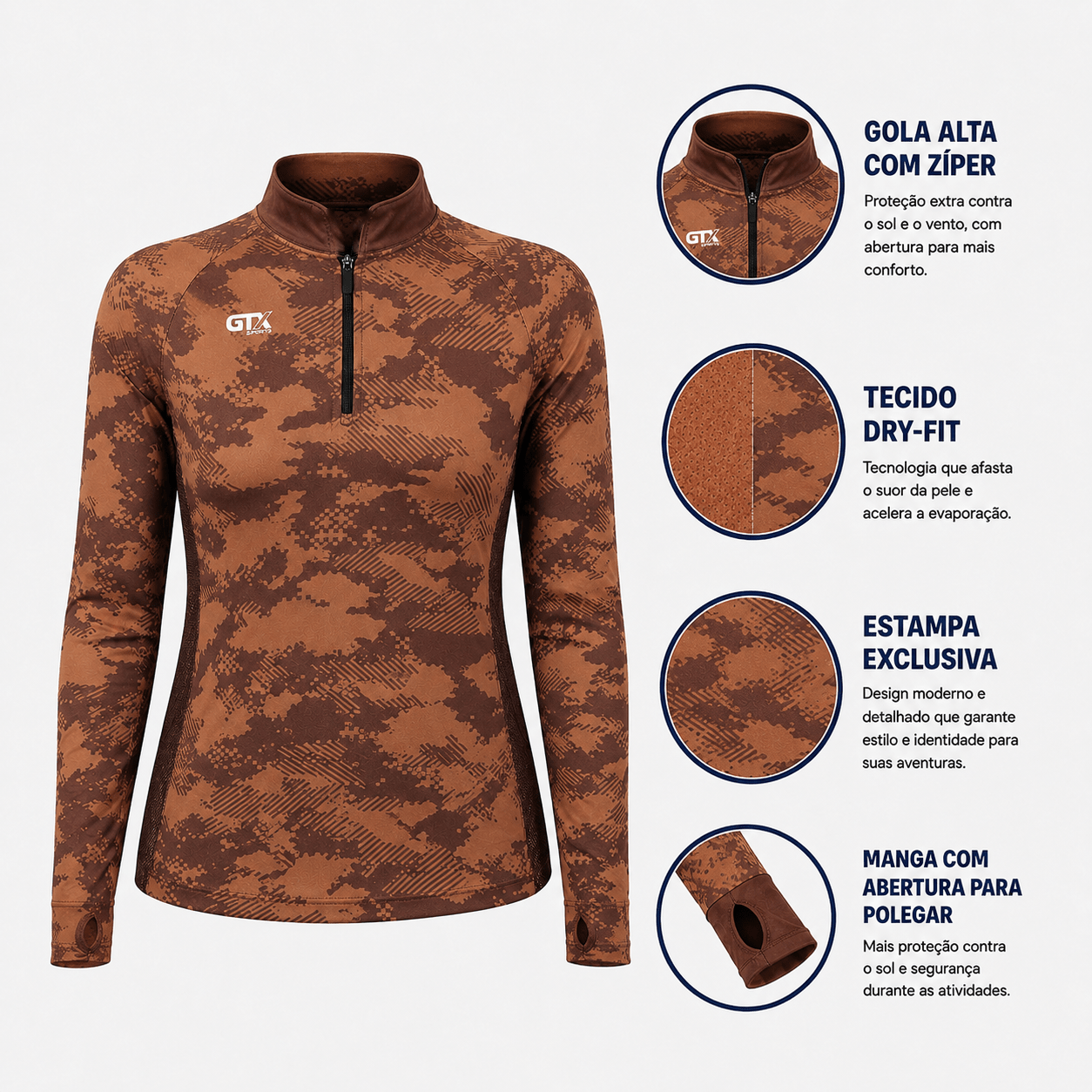 Camisa de Pesca Feminina Desert Camo com Zíper e Proteção UV50+ - GTX Print
