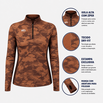 Camisa de Pesca Feminina Desert Camo com Zíper e Proteção UV50+ - GTX Print