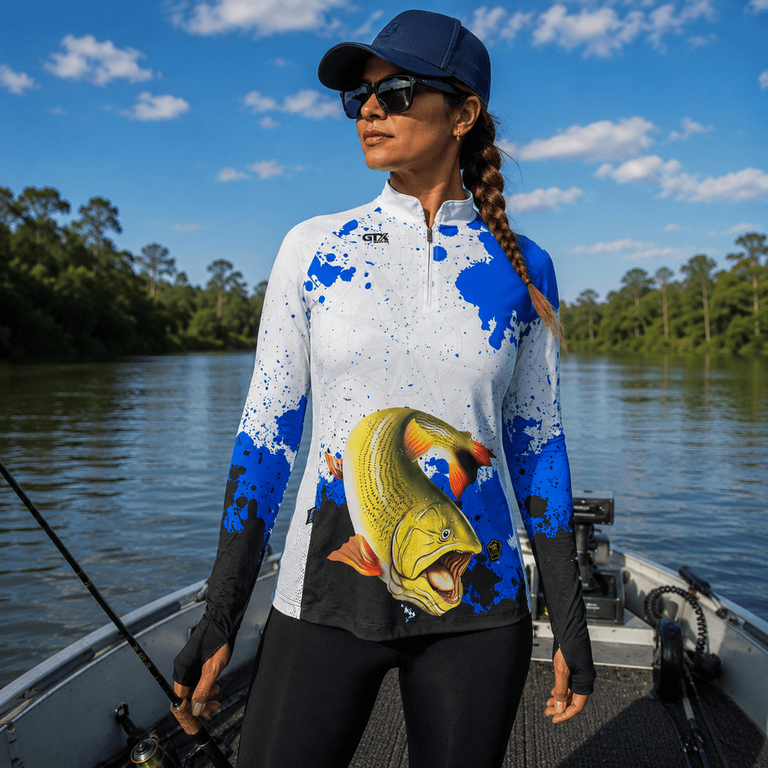 Camisa de Pesca Feminina Dourado Splash com Zíper e Proteção UV50+ - Use GTX