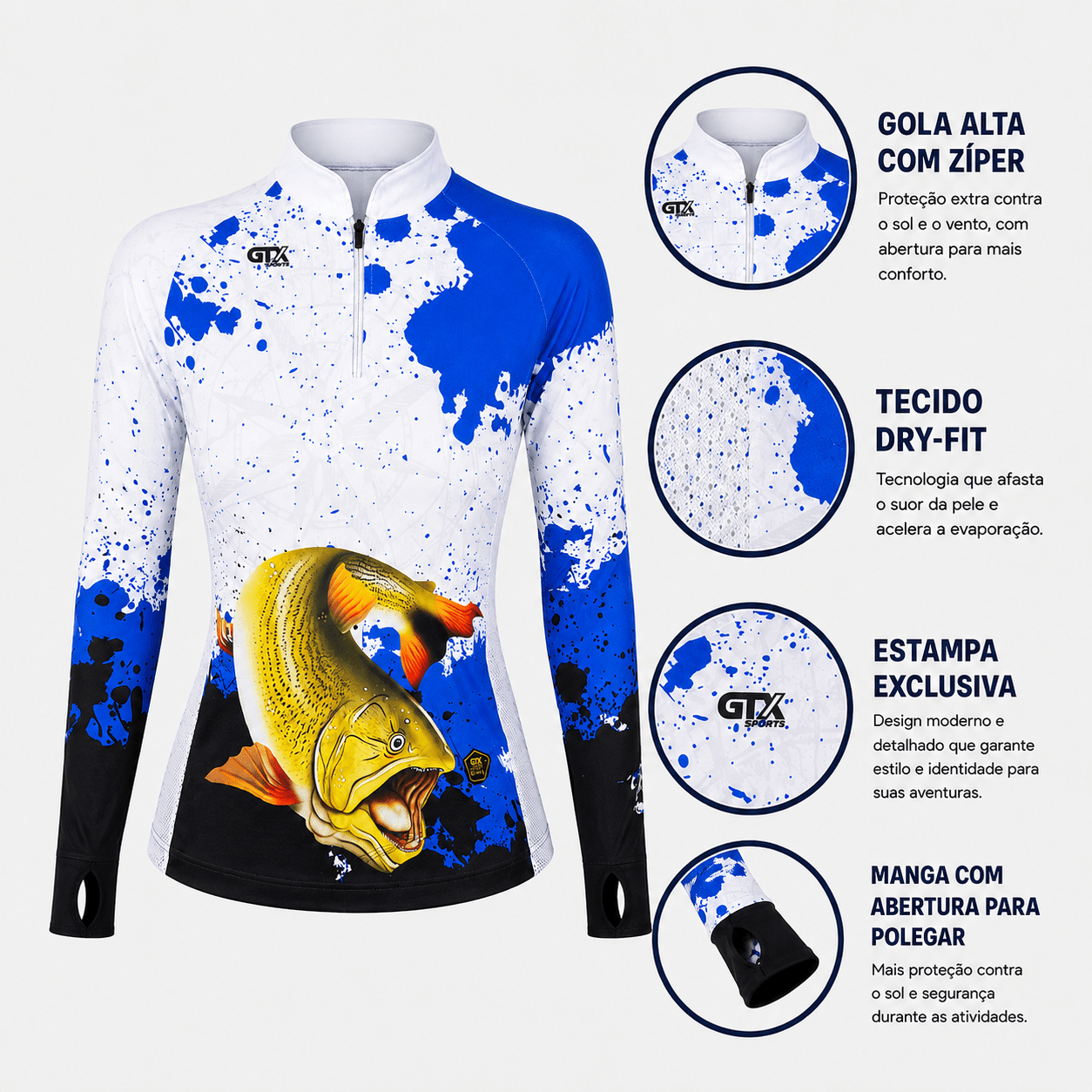 Camisa de Pesca Feminina Dourado Splash com Zíper e Proteção UV50+ - Use GTX