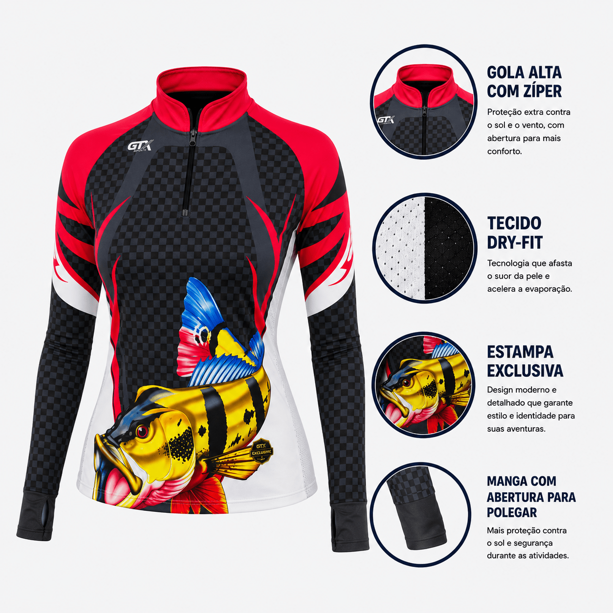Camisa de Pesca Feminina Fire Tucunaré com Zíper e Proteção UV50+ - GTX Print