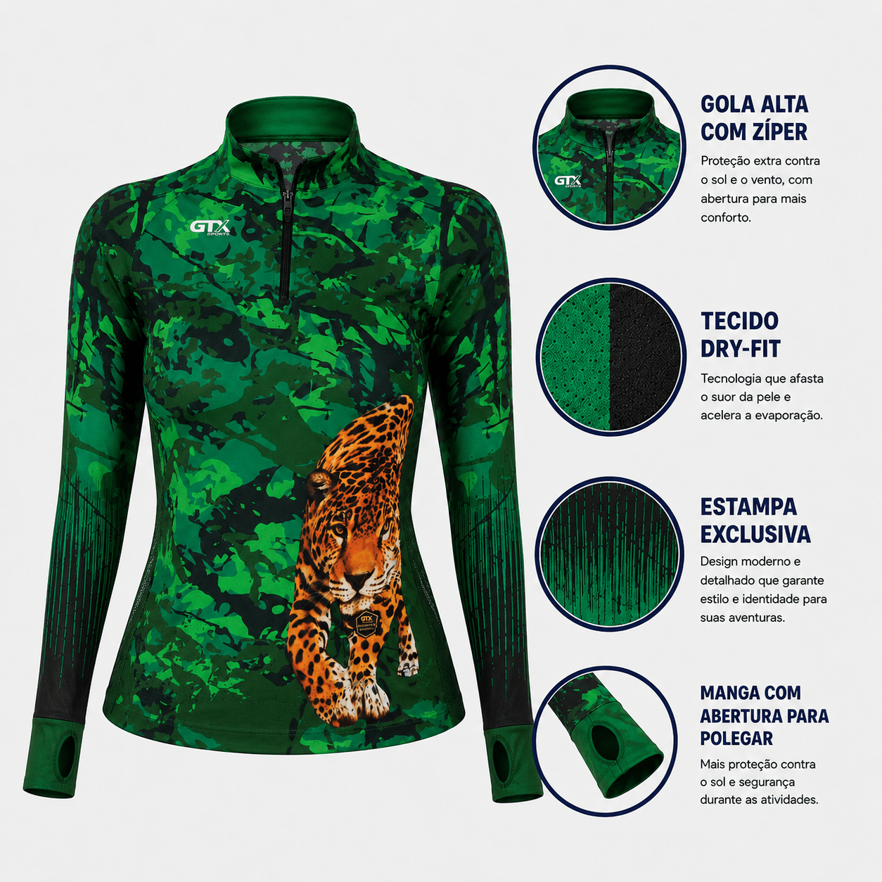 Camisa de Pesca Feminina Jungle Panther com Zíper e Proteção UV50+ - GTX Print