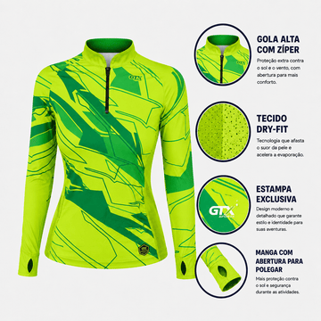 Camisa de Pesca Feminina Lime Pantanal com Zíper e Proteção UV50+ - Use GTX