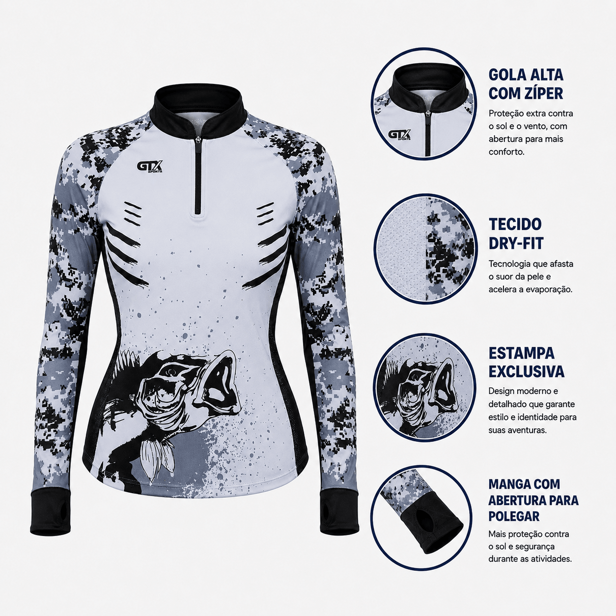 Camisa de Pesca Feminina Silver Bass com Zíper e Proteção UV50+ - GTX Print