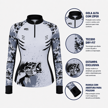 Camisa de Pesca Feminina Silver Bass com Zíper e Proteção UV50+ - GTX Print