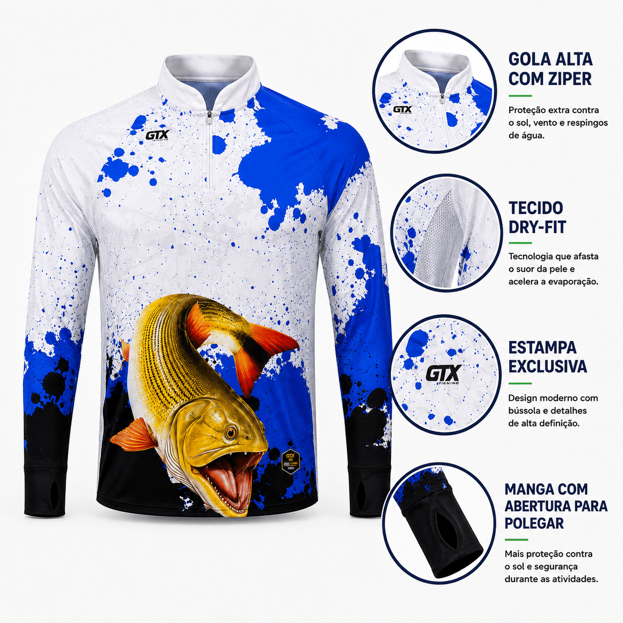 Camisa de Pesca Golden Strike com Zíper e Proteção UV50+ - GTX Print