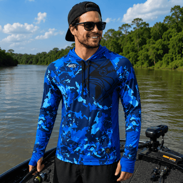 Camisa de Pesca Masculina com Capuz Azul de Aço e Proteção UV50+ - GTX Print