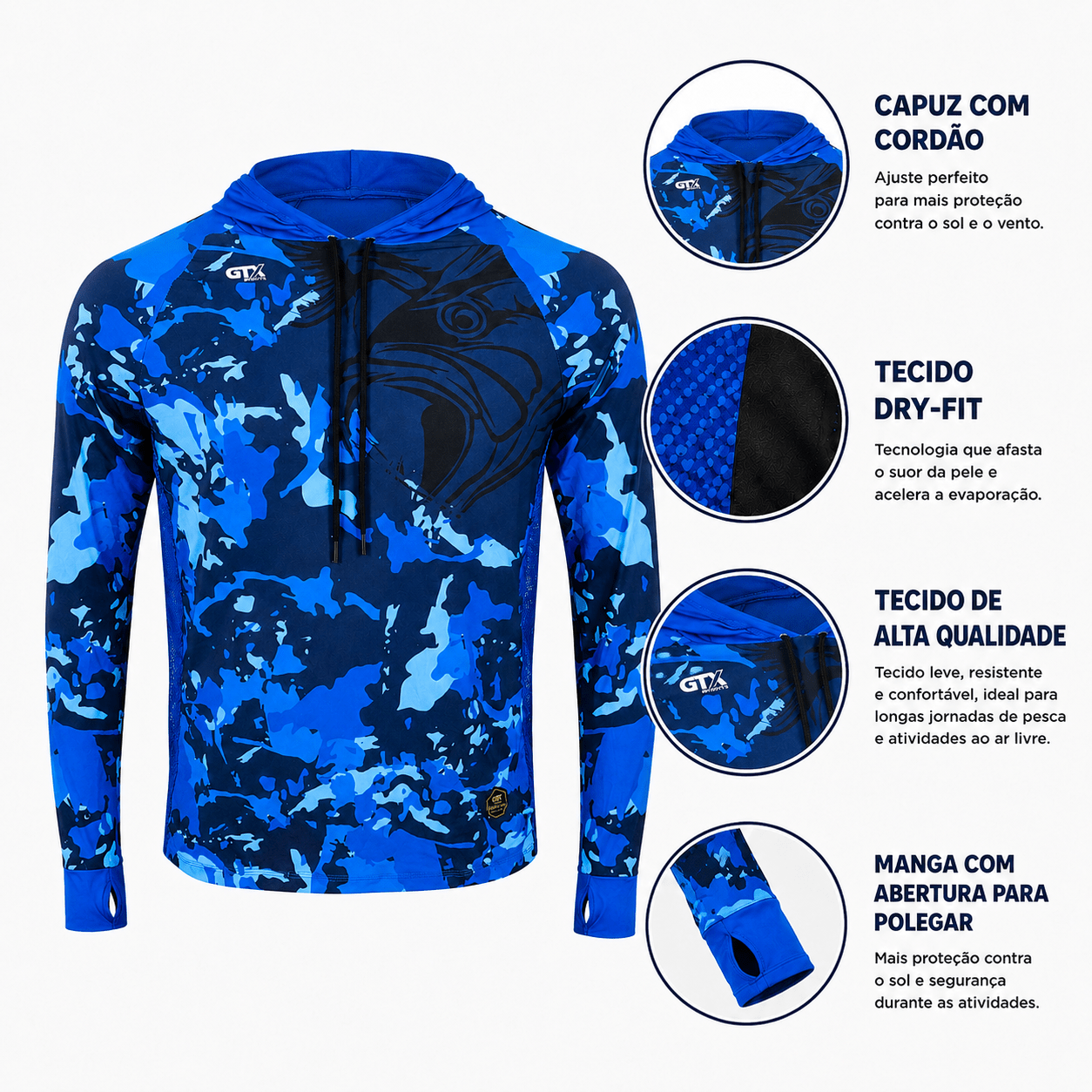 Camisa de Pesca Masculina com Capuz Azul de Aço e Proteção UV50+ - GTX Print