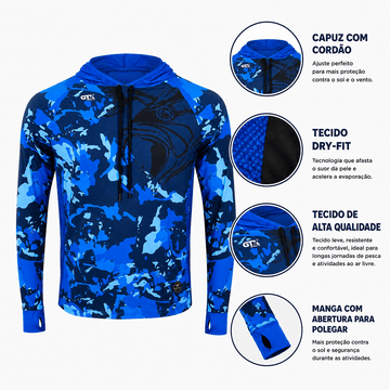 Camisa de Pesca Masculina com Capuz Azul de Aço e Proteção UV50+ - GTX Print
