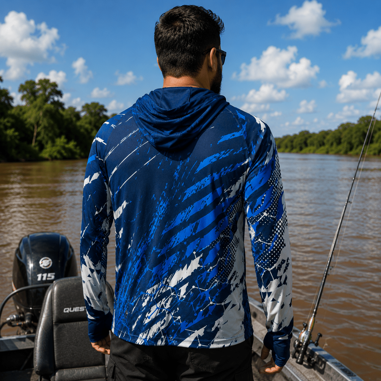 Camisa de Pesca Masculina com Capuz Correnteza Azul e Proteção UV50+ - GTX Print
