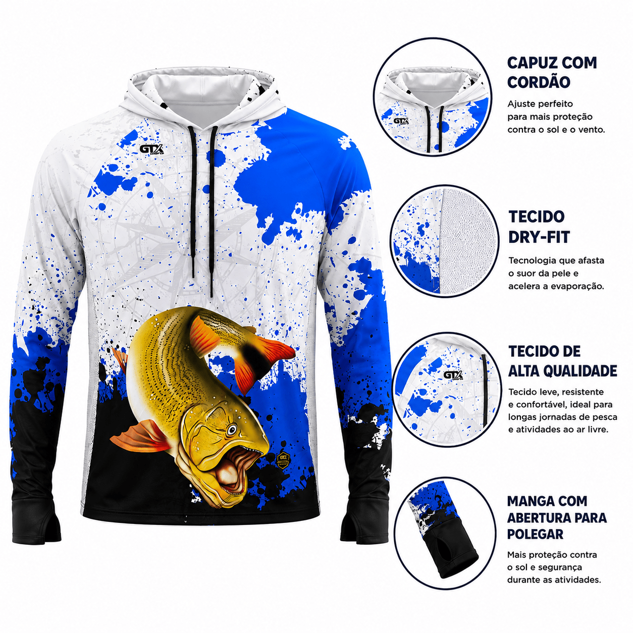 Camisa de Pesca Masculina com Capuz Dourado do Rio e Proteção UV50+ - GTX Print