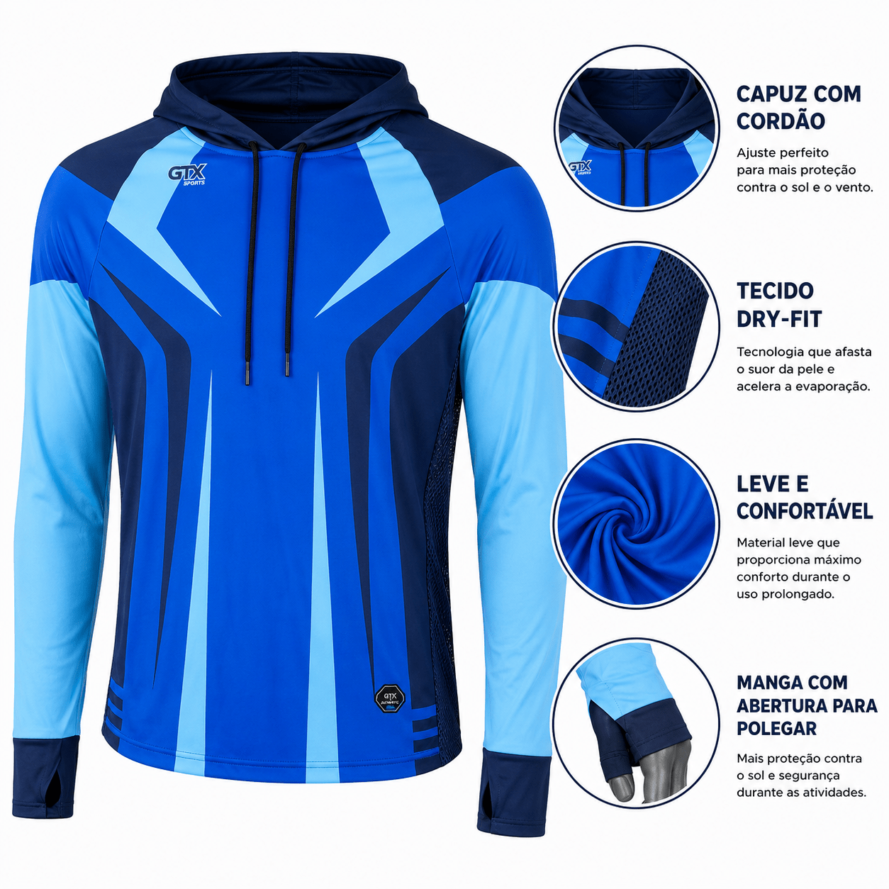 Camisa de Pesca Masculina com Capuz GTX Print Azul Bruto Proteção UV50+ - GTX Print