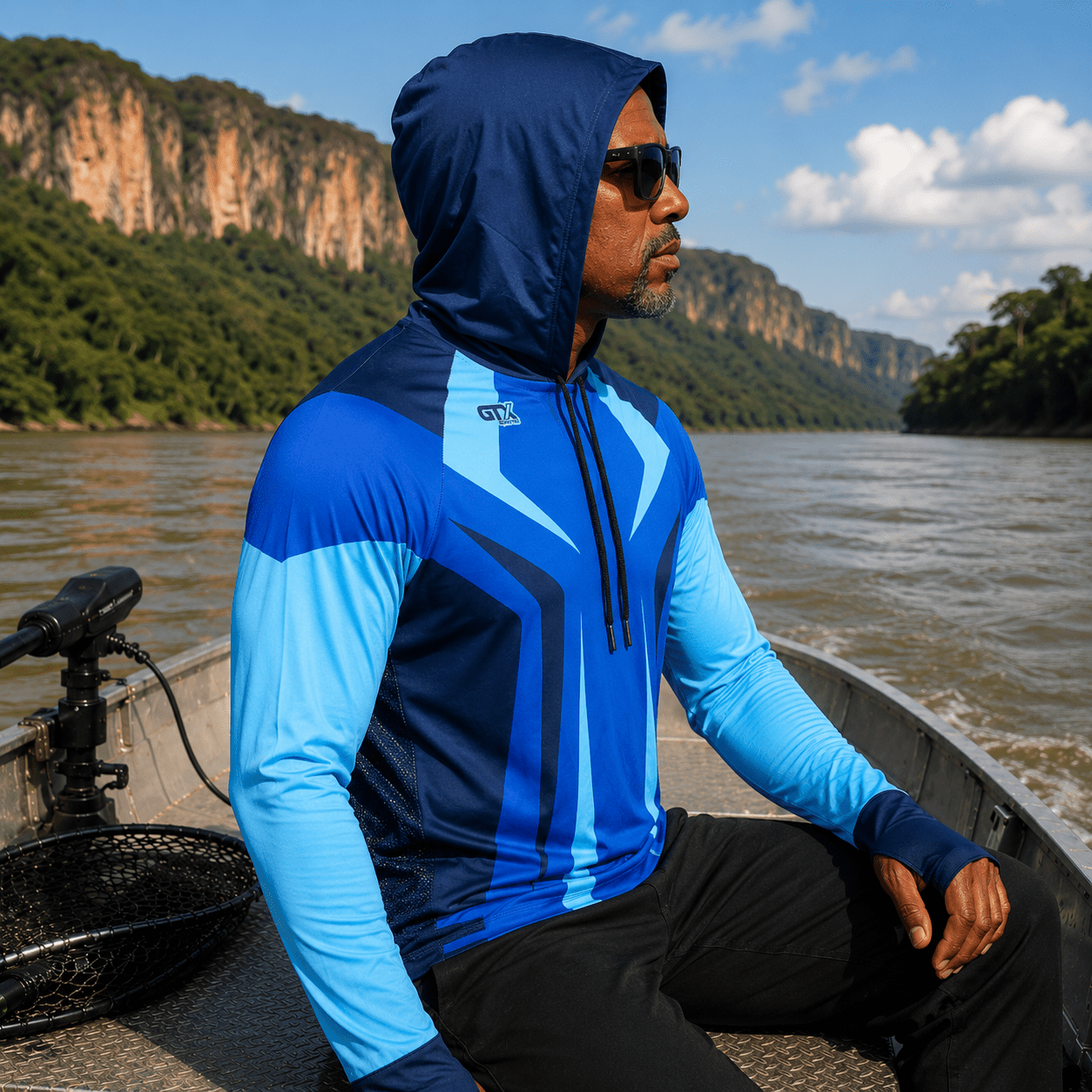 Camisa de Pesca Masculina com Capuz GTX Print Azul Bruto Proteção UV50+ - GTX Print