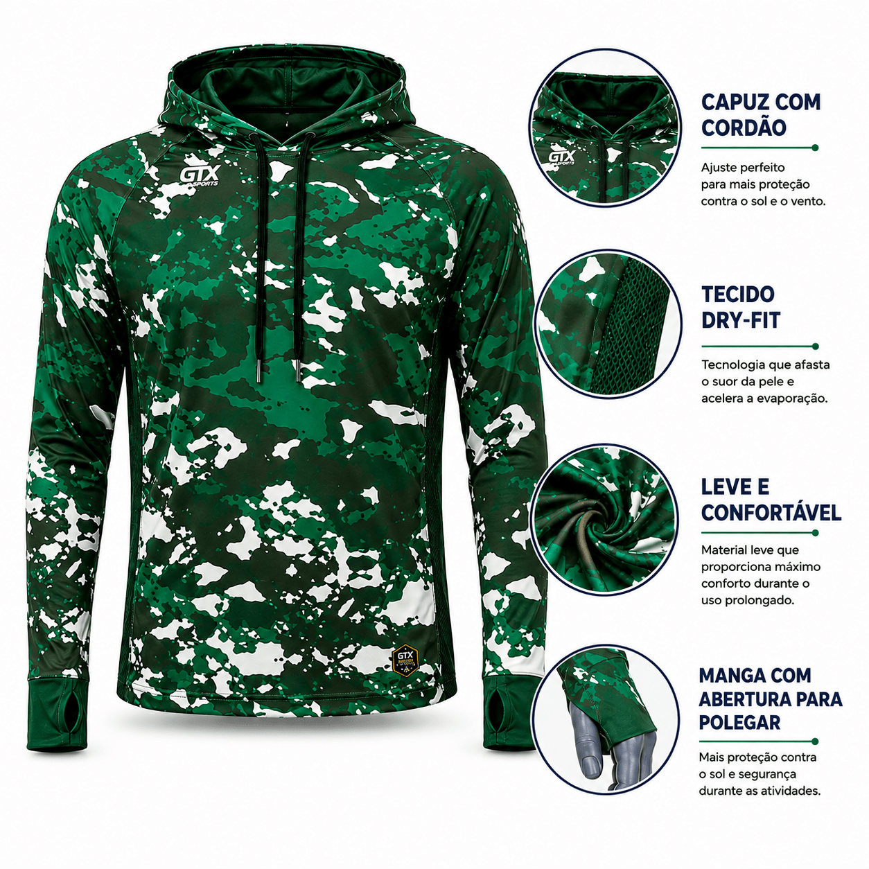 Camisa de Pesca Masculina com Capuz Mata Fechada e Proteção UV50+ - GTX Print