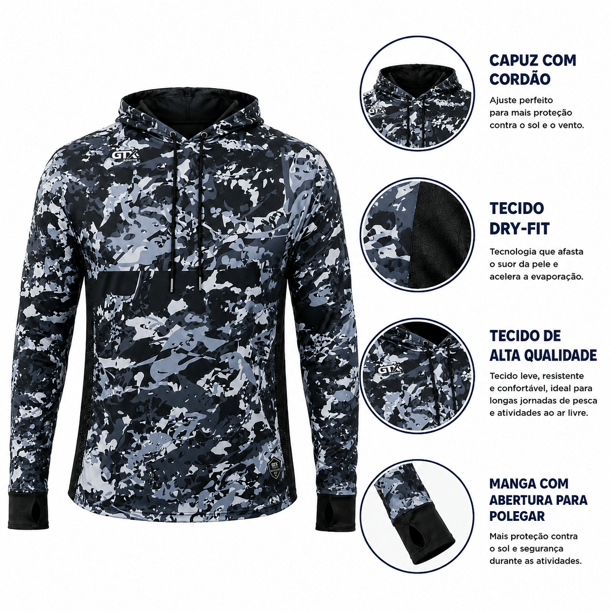 Camisa de Pesca Masculina com Capuz Neblina do Rio e Proteção UV50+ - GTX Print