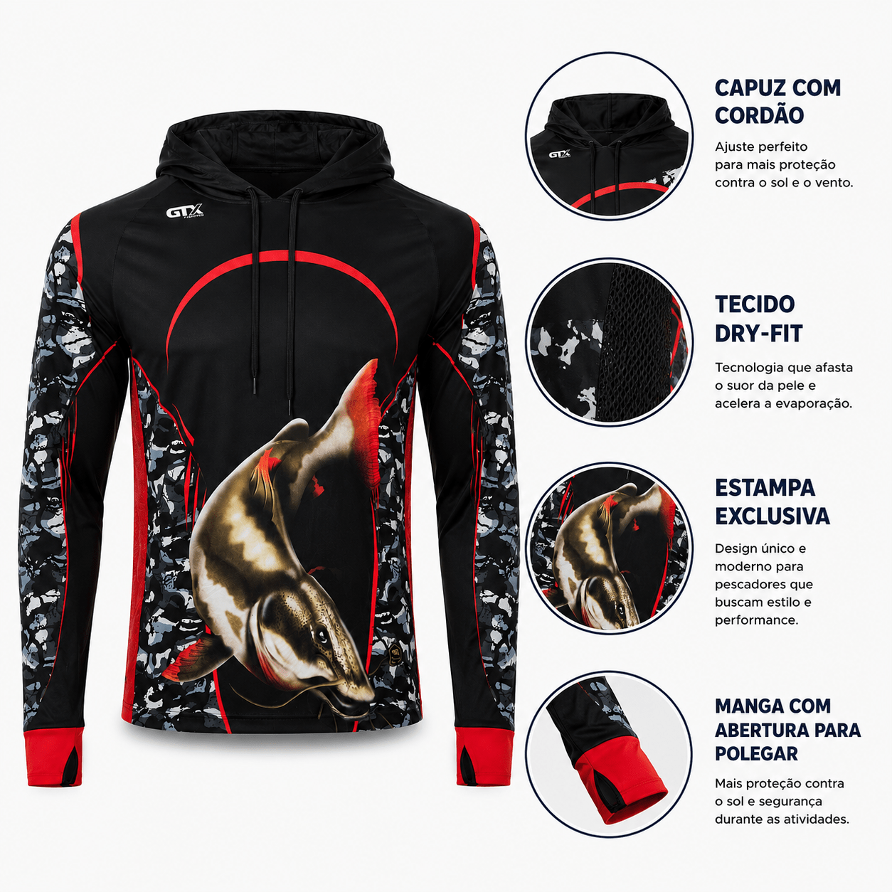 Camisa de Pesca Masculina com Capuz Piraíba Negra e Proteção UV50+ - GTX Print