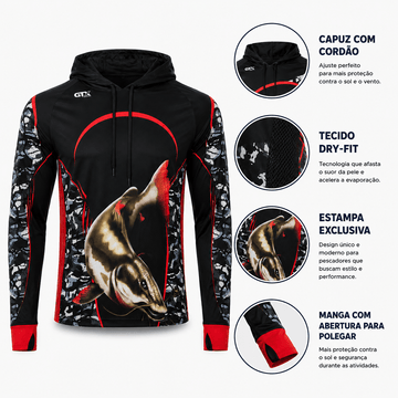 Camisa de Pesca Masculina com Capuz Piraíba Negra e Proteção UV50+ - GTX Print