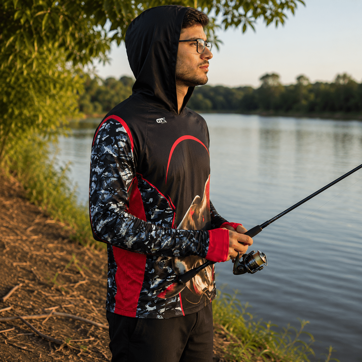 Camisa de Pesca Masculina com Capuz Piraíba Negra e Proteção UV50+ - GTX Print