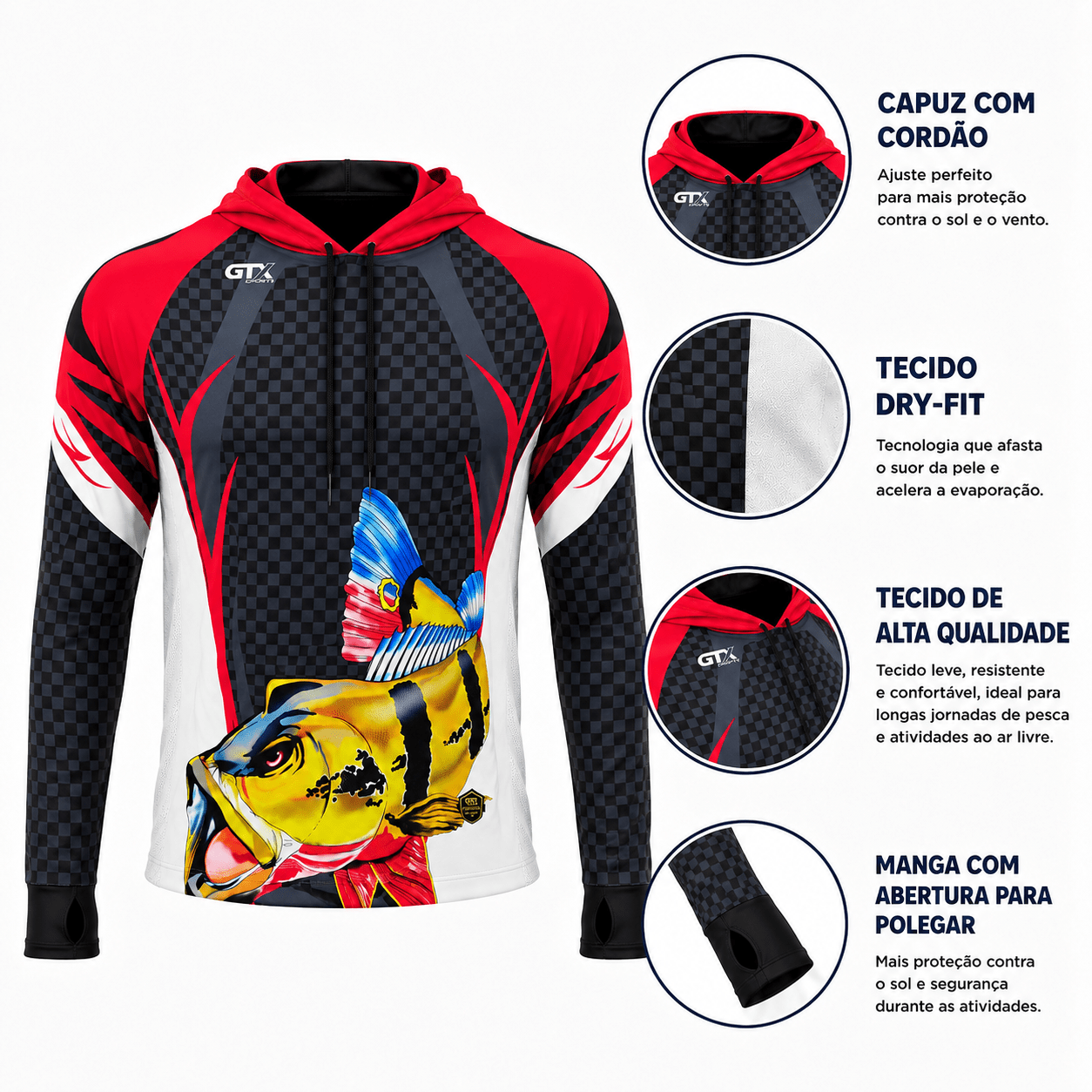 Camisa de Pesca Masculina com Capuz Tucunaré de Fogo e Proteção UV50+ - GTX Print