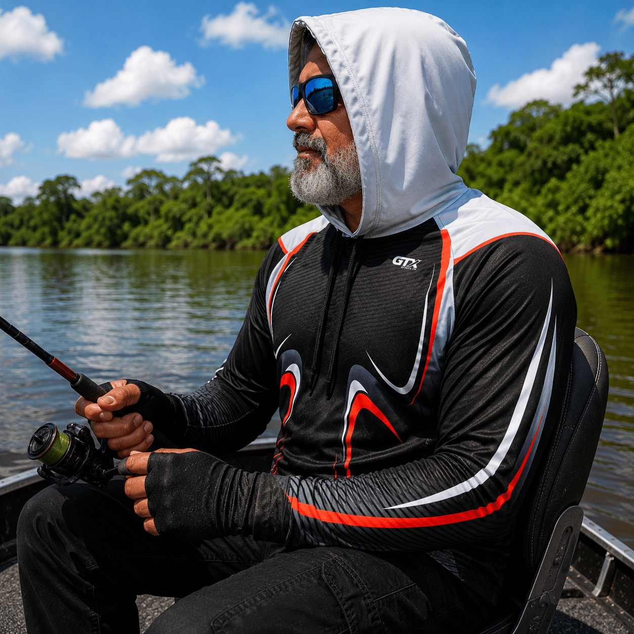Camisa de Pesca Masculina com Capuz Velocidade Negra e Proteção UV50+ - GTX Print