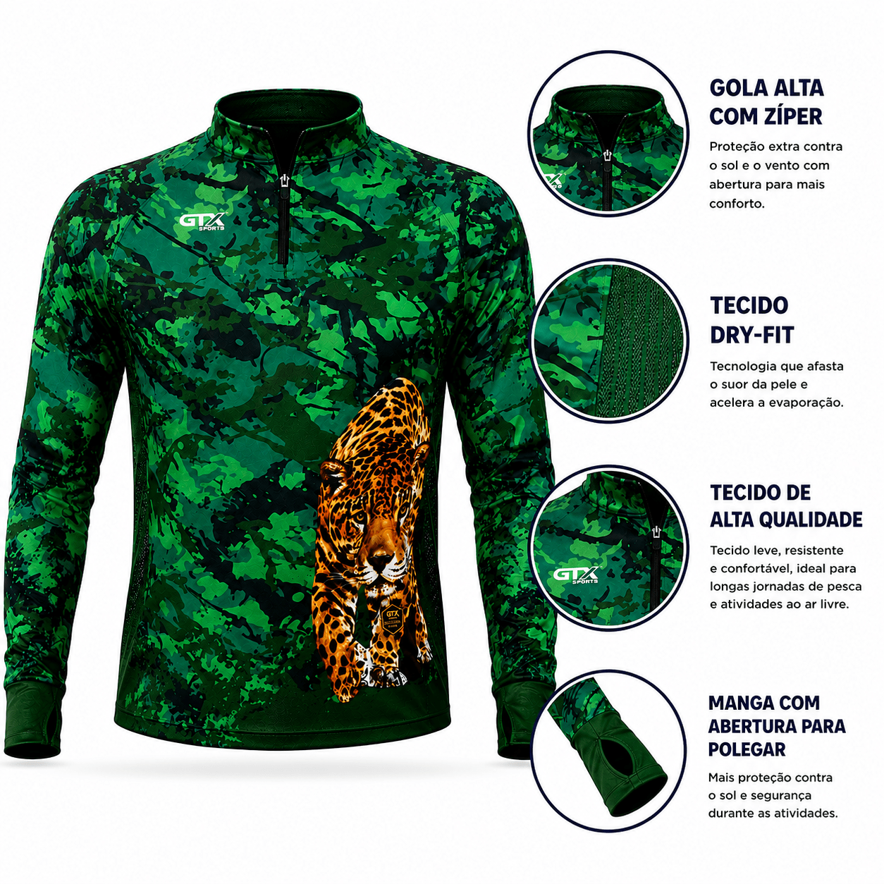 Camisa de Pesca Onça Pantaneira com Zíper e Proteção UV50+ - GTX Print