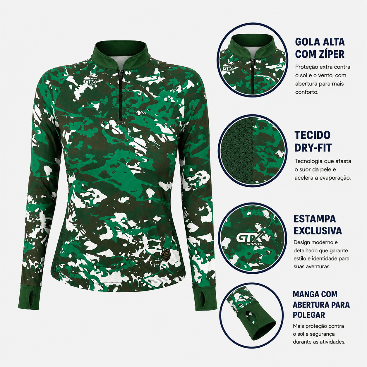 Camisa Feminina de Pesca Camuflada com Zíper e Proteção UV50+ - Use GTX