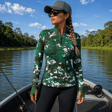 Camisa Feminina de Pesca Camuflada com Zíper e Proteção UV50+ - Use GTX