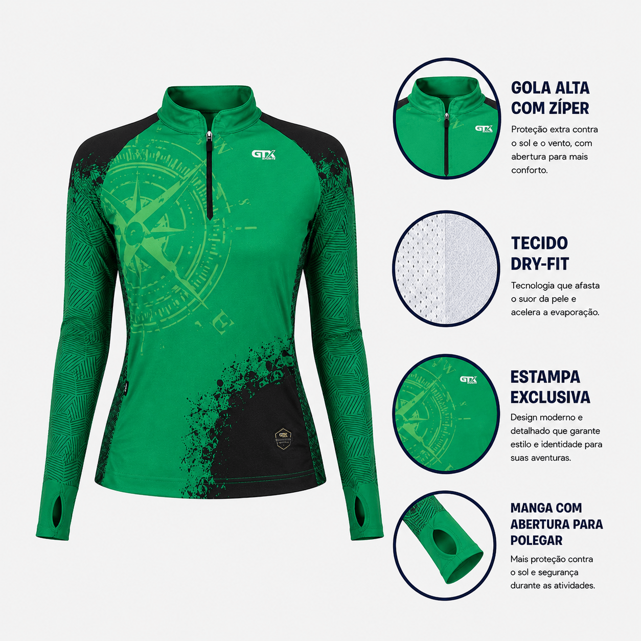 Camisa Feminina de Pesca Rosa dos Ventos com Zíper e Proteção UV50+ - Use GTX